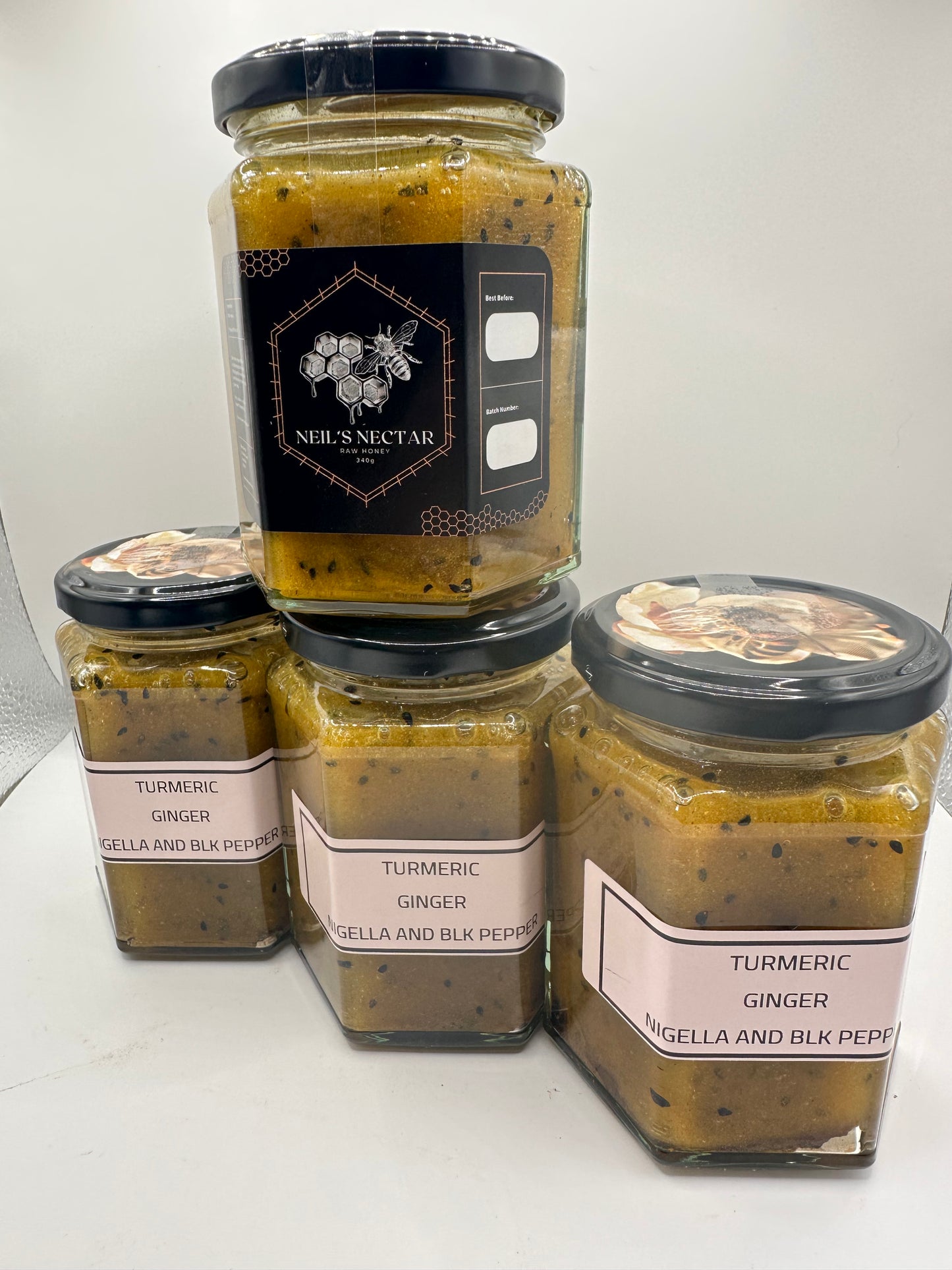 TURMERIC AND GINGER , NIGELLA AND BLK PEPPER Honey 340g jar
