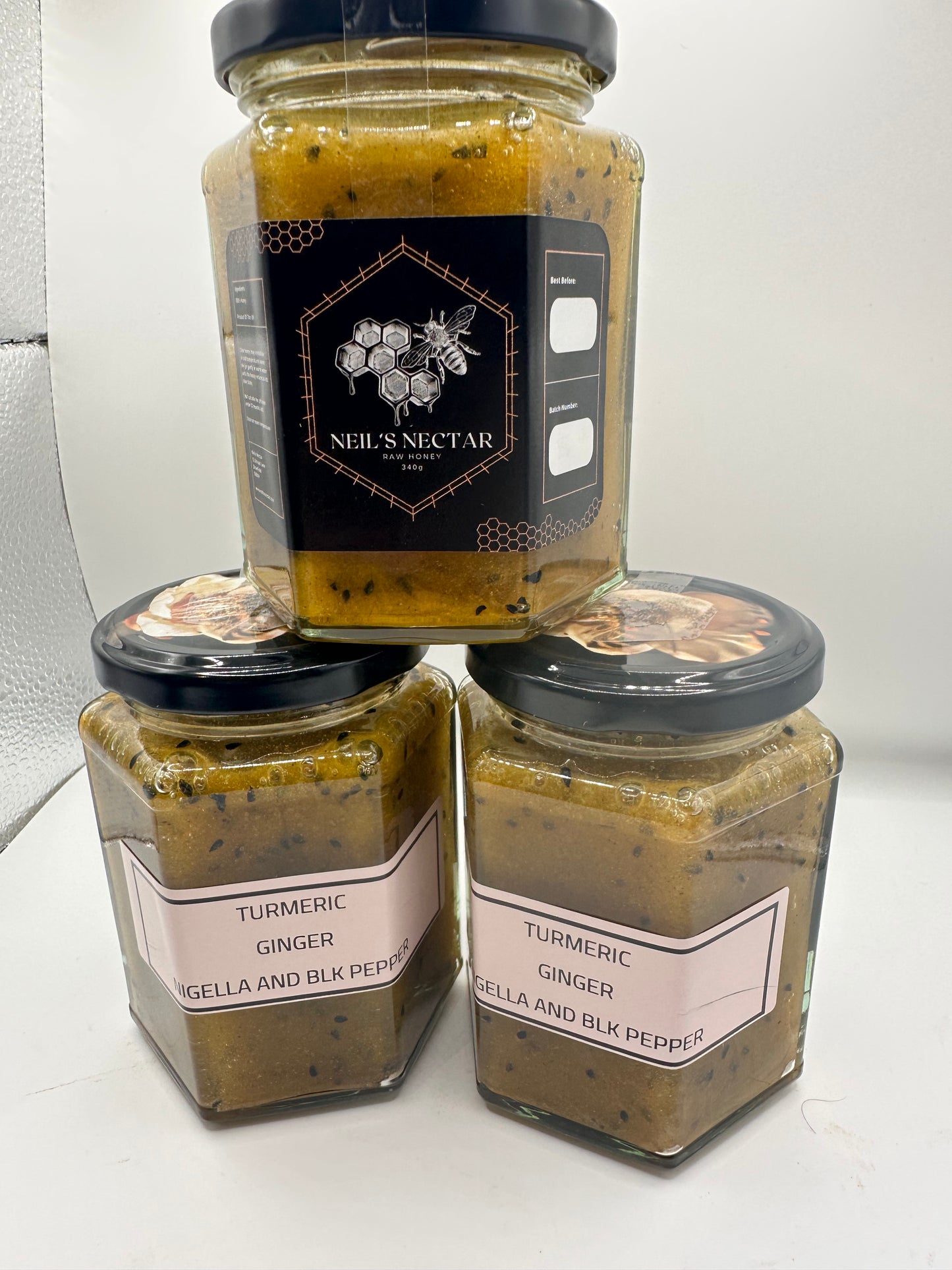 TURMERIC AND GINGER  , NIGELLA AND BLK PEPPER  Honey 340g jar