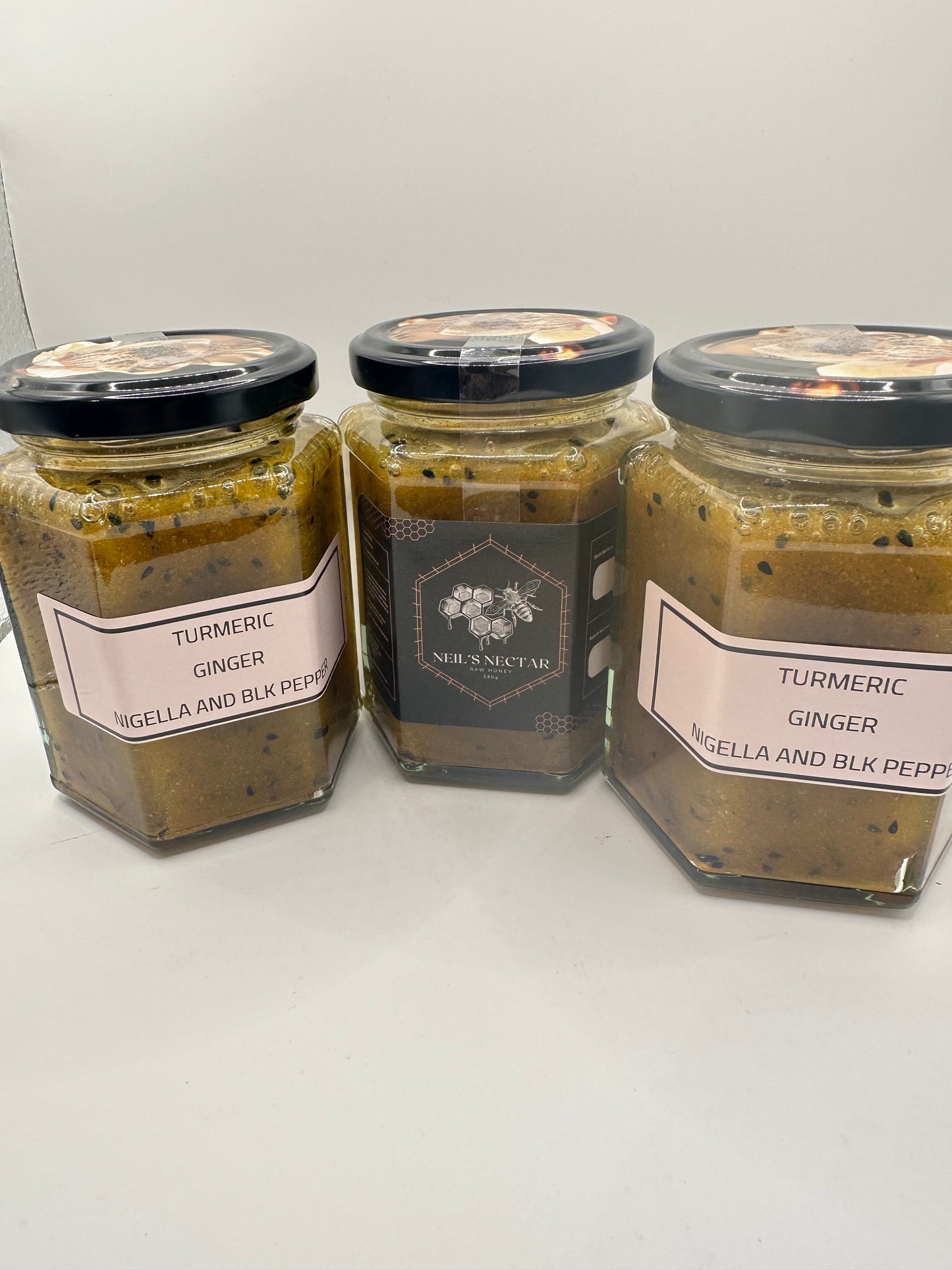 TURMERIC AND GINGER  , NIGELLA AND BLK PEPPER  Honey 340g jar