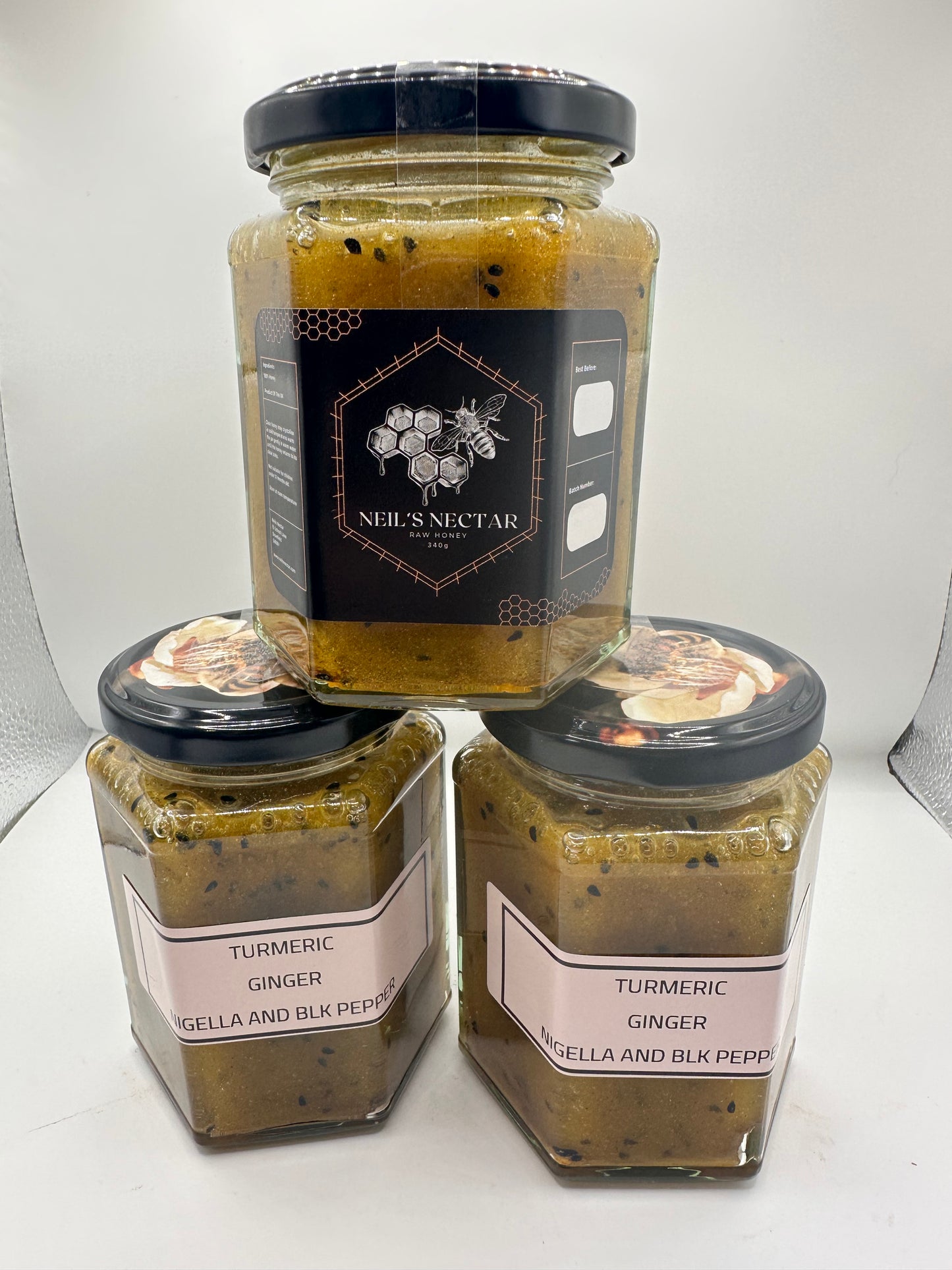 TURMERIC AND GINGER  , NIGELLA AND BLK PEPPER  Honey 340g jar